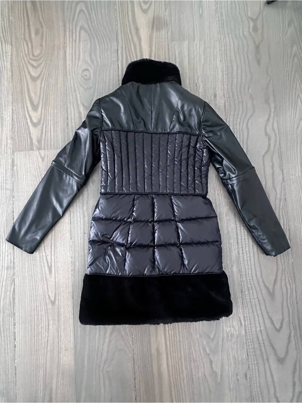 SNOWMAN New York Black Mixed-Media Down Puffer Coat with Faux Fur Trim